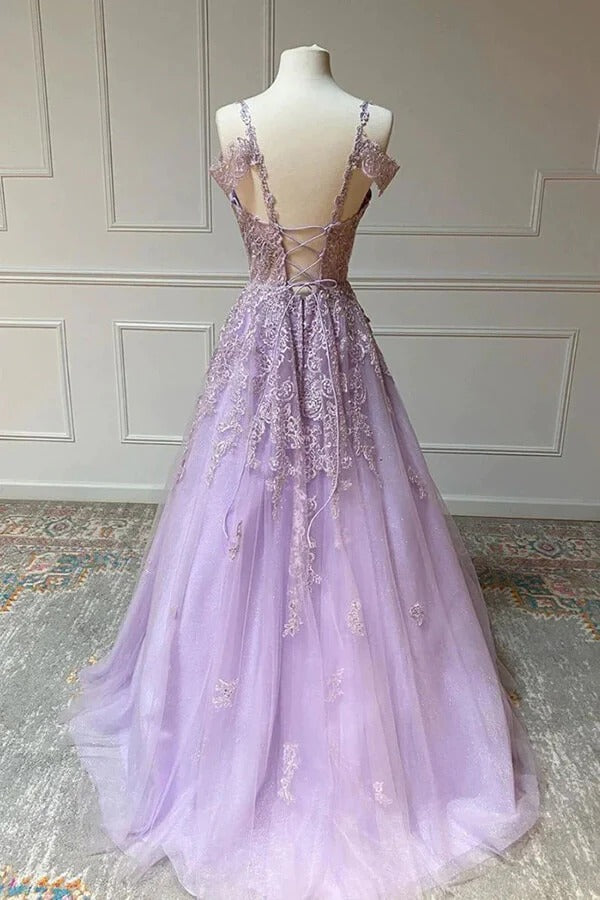 A-line V-neck Lilac Tulle Prom Dresses With Lace Appliques, Evening Dresses
