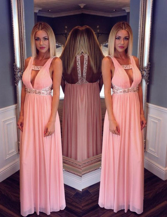 pink Evening Dress,v-neck Prom Dress,chiffon prom dress,formal evening dress