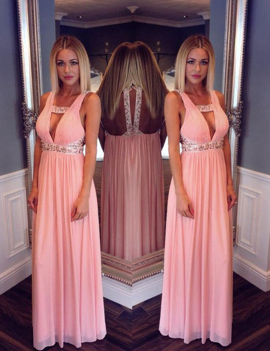 pink Evening Dress,v-neck Prom Dress,chiffon prom dress,formal evening dress