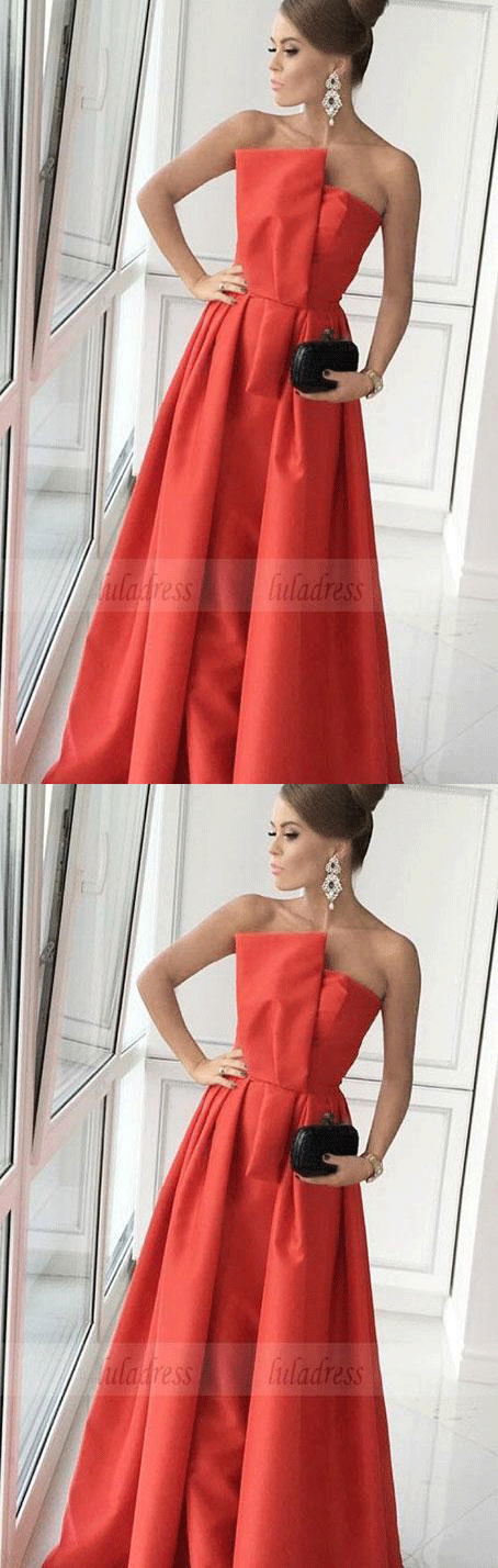 long prom dress, Red Satin A line prom dresses