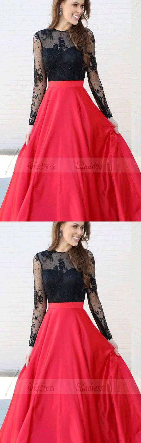 Long Sleeves Black and Red Long Prom Dress Party Dress