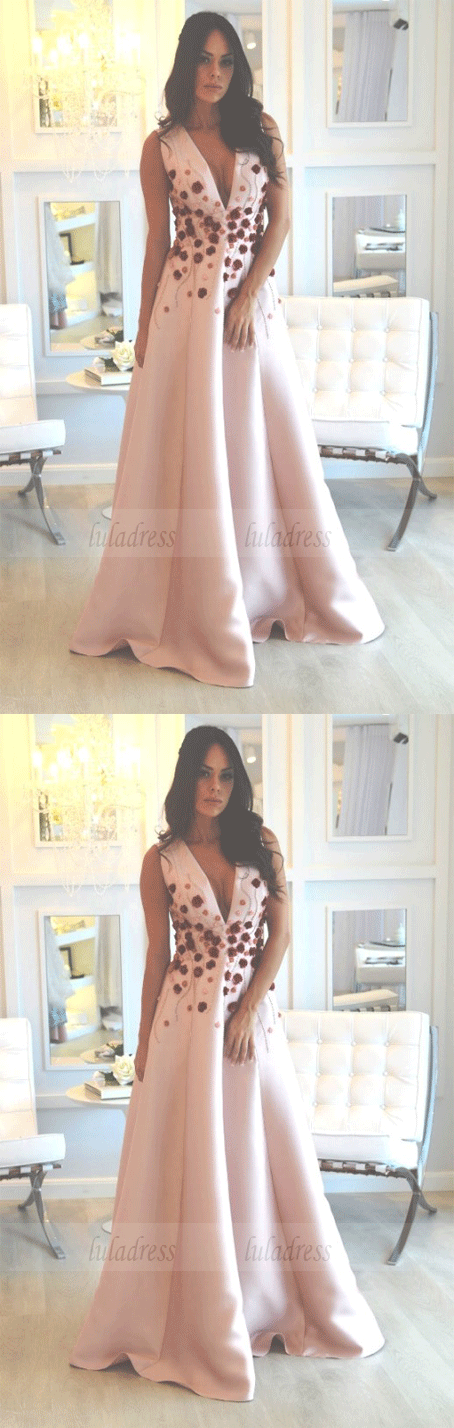 V-Neck Pink Prom Dresses with Appliques