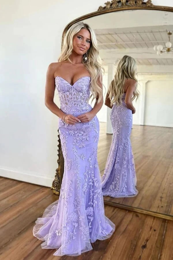 Sweetheart Purple Neck Long Mermaid Prom Dresses With Lace Appliques