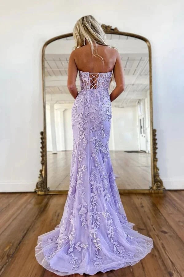 Sweetheart Purple Neck Long Mermaid Prom Dresses With Lace Appliques