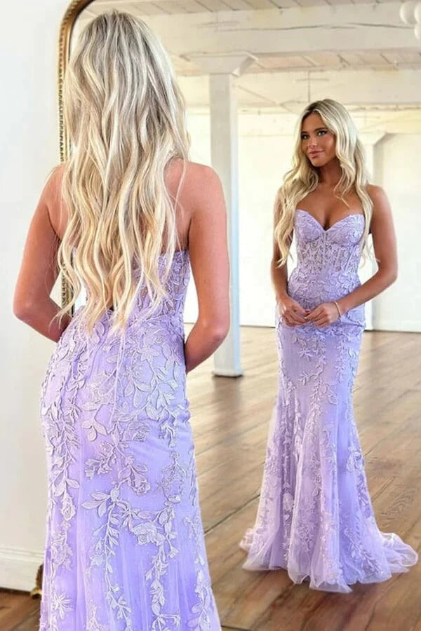 Sweetheart Purple Neck Long Mermaid Prom Dresses With Lace Appliques