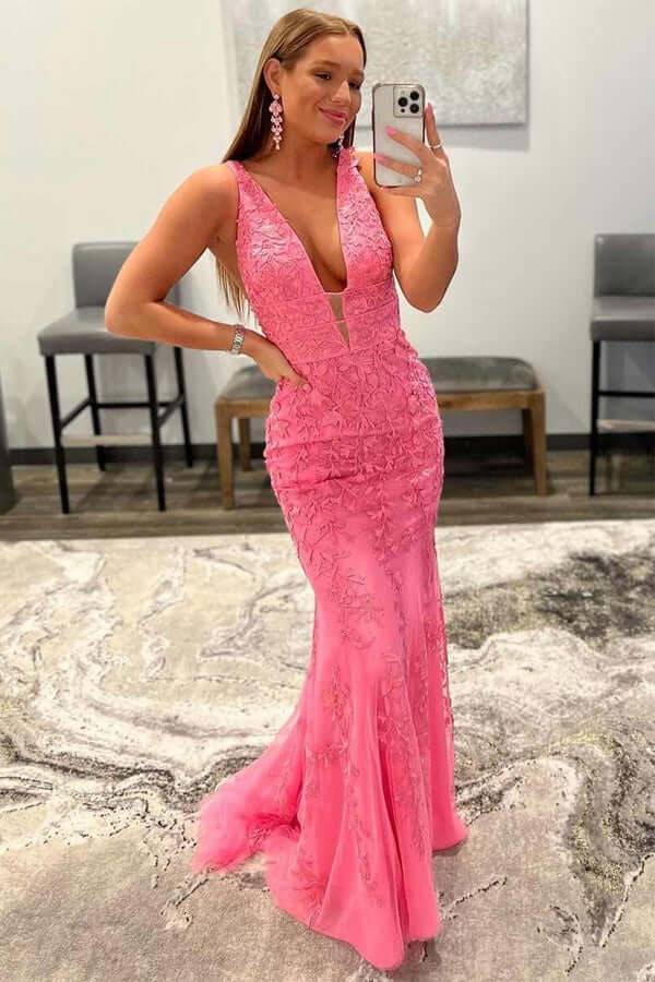 V-neck Red Mermaid Floor Length Lace Prom Dresses, Evening Dresses