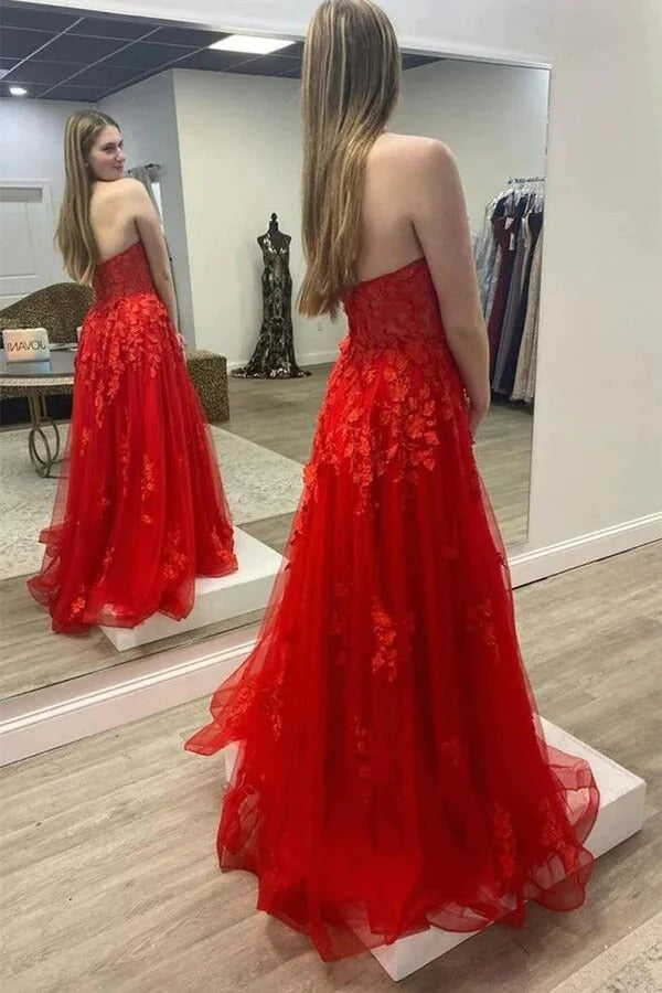 Long Red Tulle Strapless Prom Dresses, Lace Appliques Evening Dresses