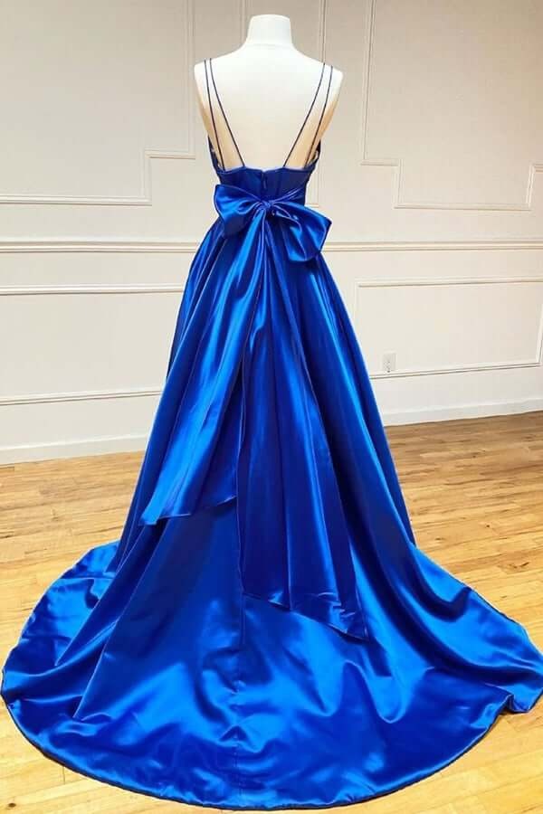 Royal Blue Satin A-line Spaghetti Straps Long Prom Dresses