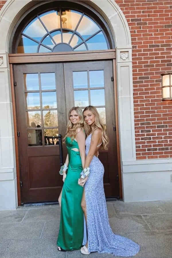 Sequins Shiny Blue Mermaid V-neck Prom Dresses With Slit, Evening Dresses