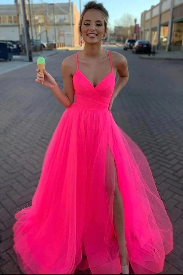 Simple Tulle A-Line Hot Pink Prom Dresses with Slit, Long Formal Dress Custom Color / US14 Simple Tulle A-Line Hot Pink Prom Dresses with Slit, Long Formal Dress Custom Color / US14