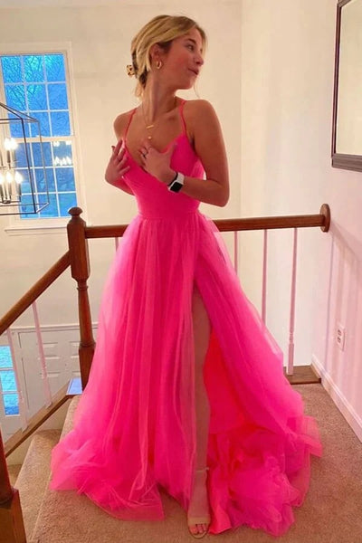 Simple Tulle A-line Hot Pink Prom dresses With Slit, Long Formal Dress,BD930717