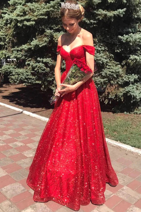 Sparkly Tulle Off Shoulder Red A-line Long Prom Dresses, Evening Dresses