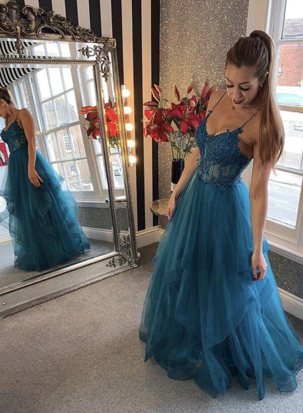 A-line V-neck Teal Tulle Spaghetti Straps Prom Dresses With Lace Appliques