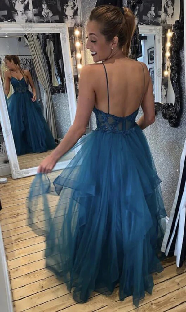A-line V-neck Teal Tulle Spaghetti Straps Prom Dresses With Lace Appliques
