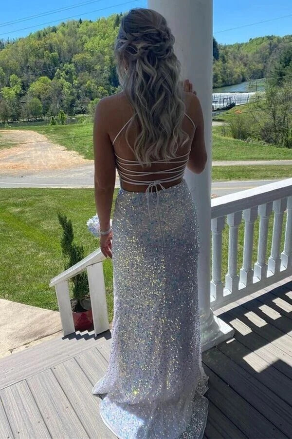 Mermaid White Sequins Backless Slit Prom Dresses, Evening Dress