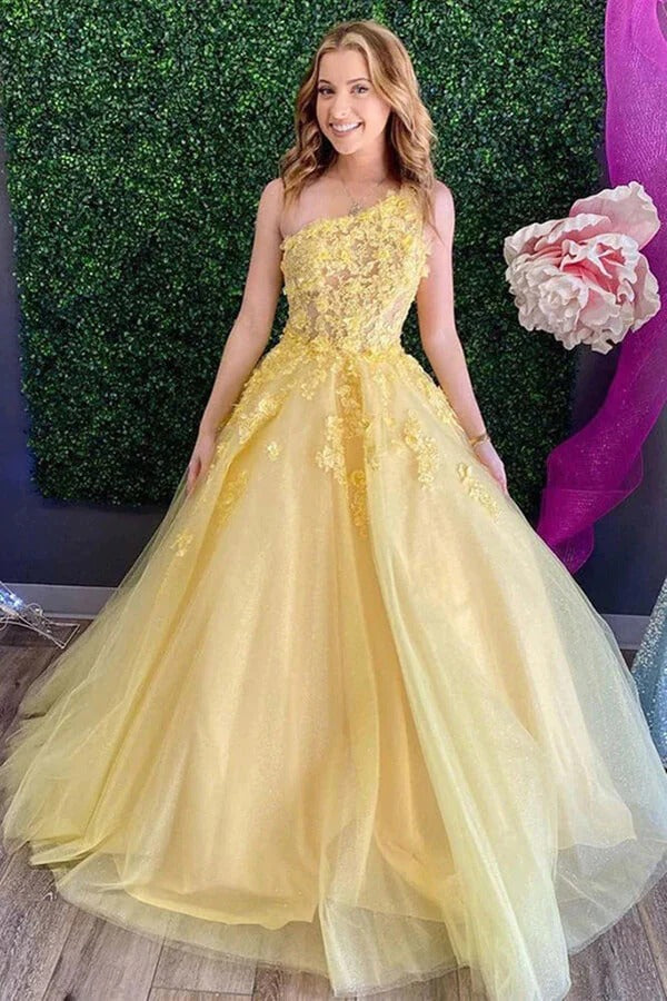 Lace Yellow Tulle One Shoulder A-line Prom Dresses, Evening Dresses luladress Lace Yellow Tulle One Shoulder A-line Prom Dresses, Evening Dresses luladress
