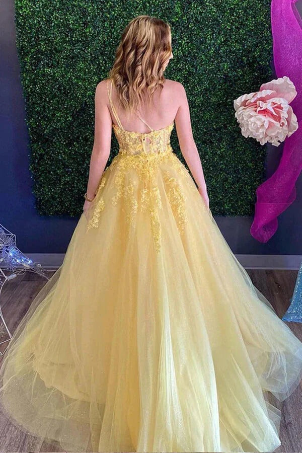 Lace Yellow Tulle One Shoulder A-line Prom Dresses, Evening Dresses