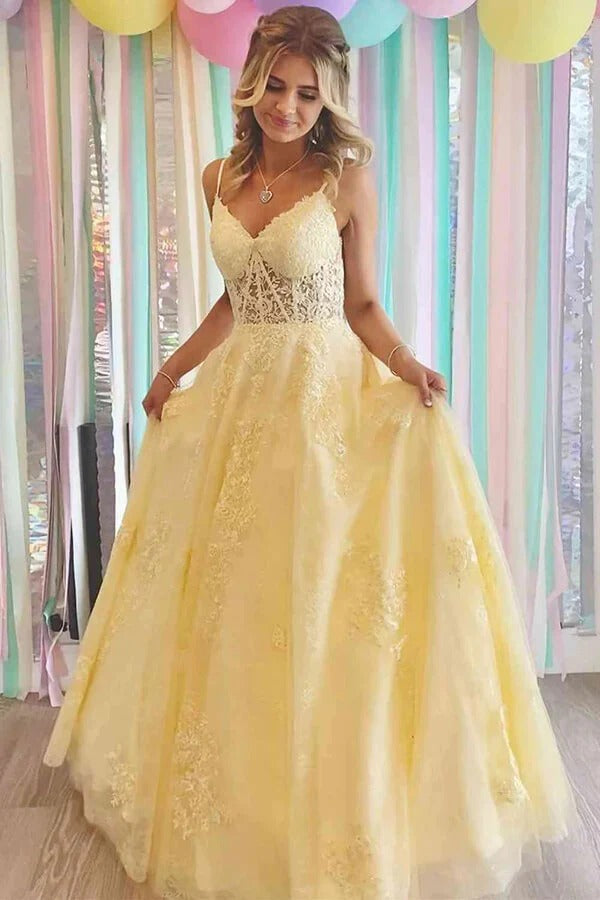 Yellow Tulle A-line V-neck Lace Appliques Prom Dresses, Long Formal Dresses