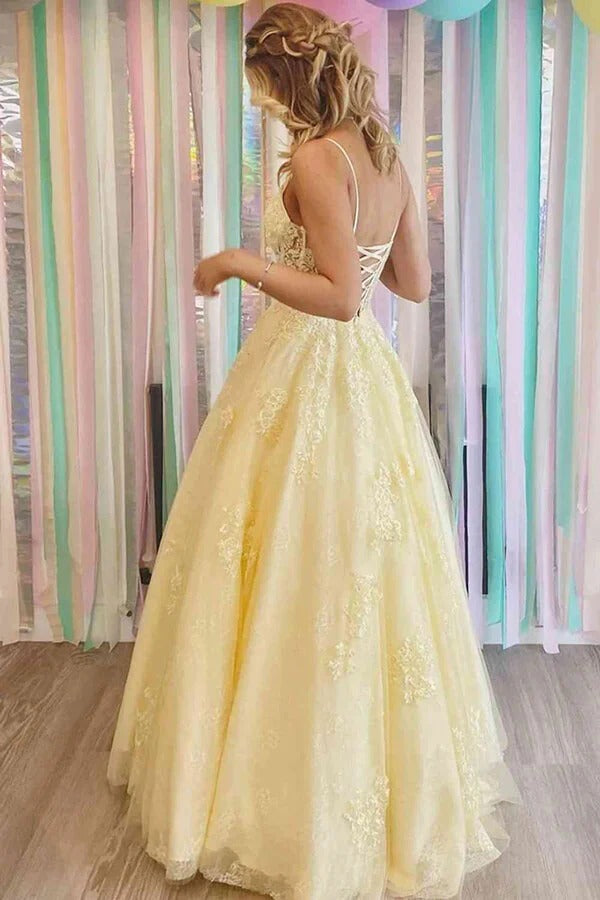 Yellow Tulle A-line V-neck Lace Appliques Prom Dresses, Long Formal Dresses