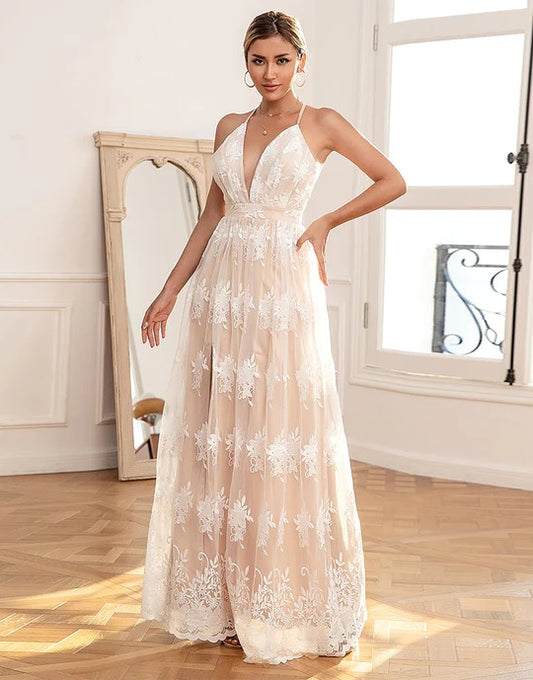 White Long Deep V-Neck A Line Lace Prom Dresses