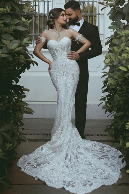 Mermaid Lace Wedding Dress | Sexy Court Train Sweetheart Bridal Gowns with Sleeve Decorations - Custom Color / US14 Mermaid Lace Wedding Dress | Sexy Court Train Sweetheart Bridal Gowns with Sleeve Decorations - Custom Color / US14