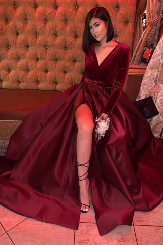 Gorgeous Sleek Satin Ruby Front-Split Prom Dresses With Long Sleeves luladress Gorgeous Sleek Satin Ruby Front-Split Prom Dresses With Long Sleeves luladress