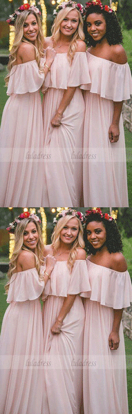 Elegant A-Line Off-the-Shoulder Pink Chiffon Floor-Length Bridesmaid Dress,BD99344