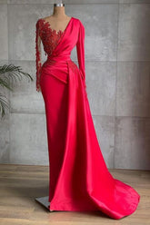 Mermaid Chic Satin Ruby Lace Appliques Ruffles Long Sleeves Prom Dresses