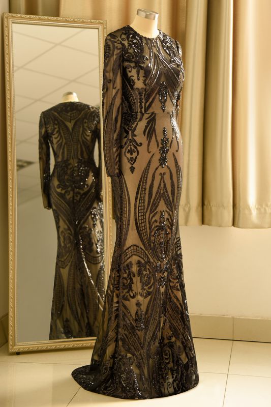 Elegant Jewel Sequined Mermaid Prom Dress Long Sleeves Appliques Party Dress