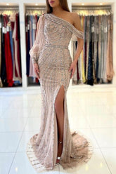 Mermaid Vintage Tulle Crystal Split One Shoulder Prom Dresses