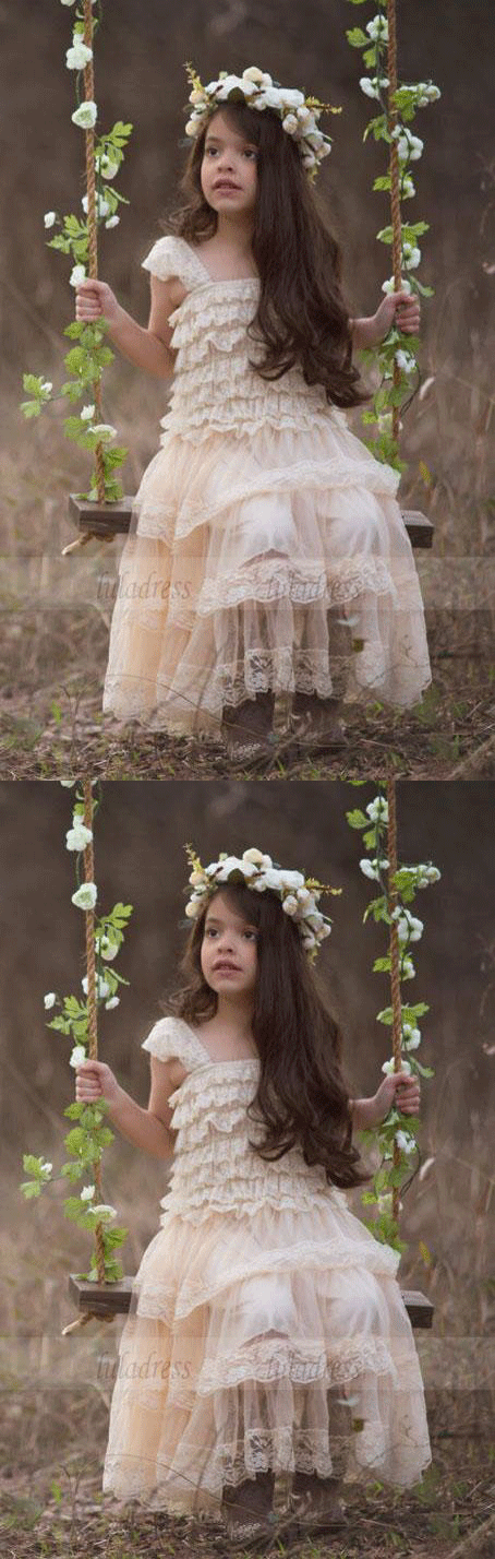 princess Lace layered design flower girl dress A Line spaghetti straps kids party dress