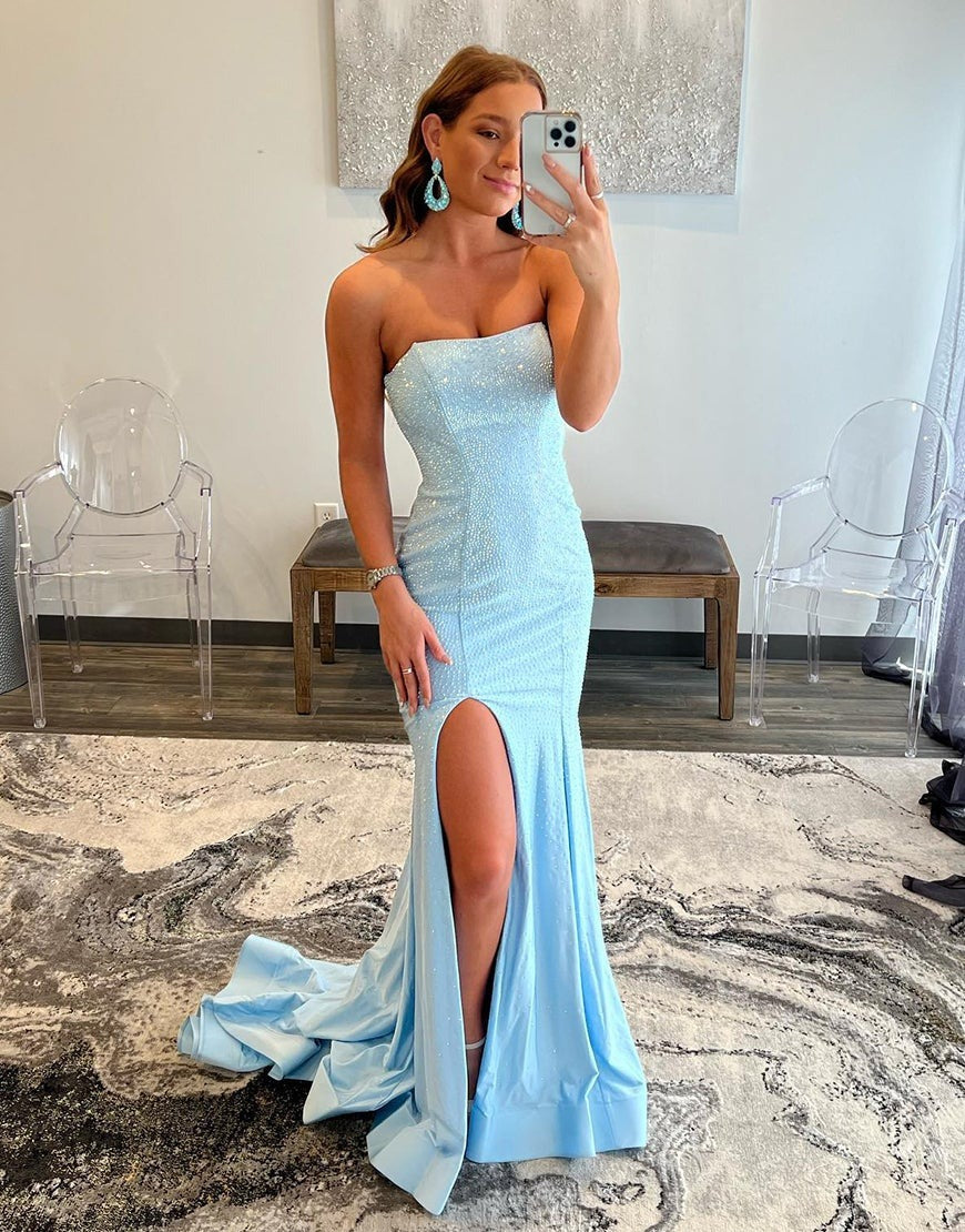 Sexy Light Blue Tight Strapless Long Prom Dresses with Split,BD930592 –  luladress