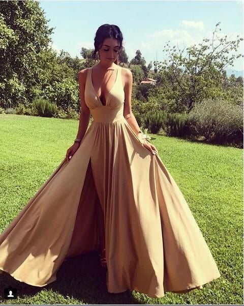 Backless Beach V-Neck Long Gold Bridesmaid Dresses Slit Side