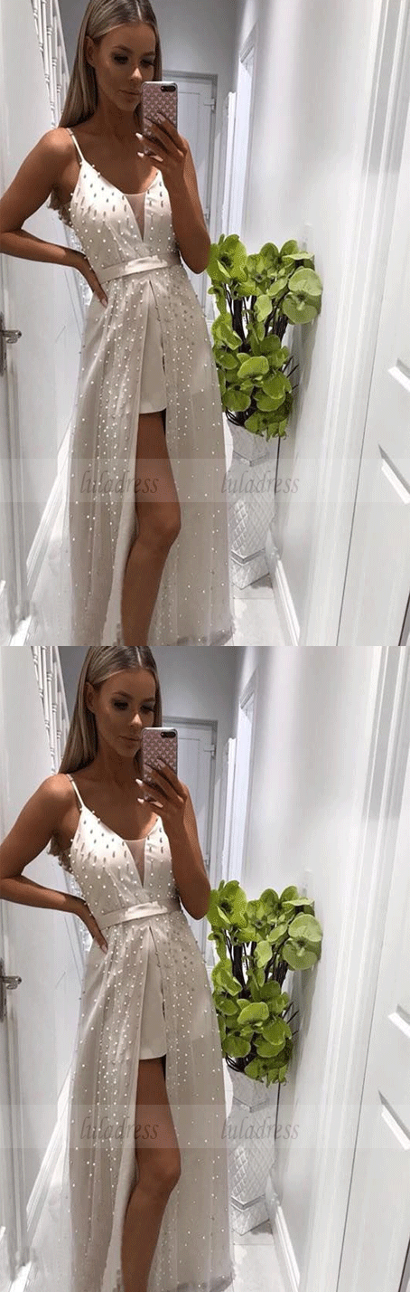 A-Line Spaghetti Straps Floor-Length White Prom Dresses