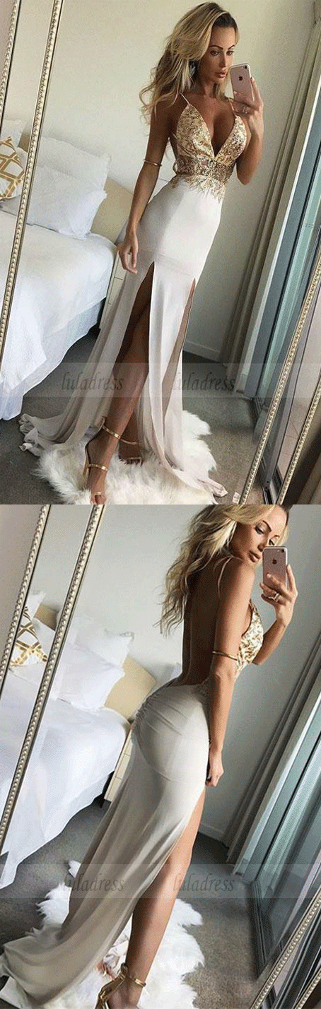 Chiffon Prom Dresses Mermaid Long V Neck Evening Dresses Beaded Formal Gowns