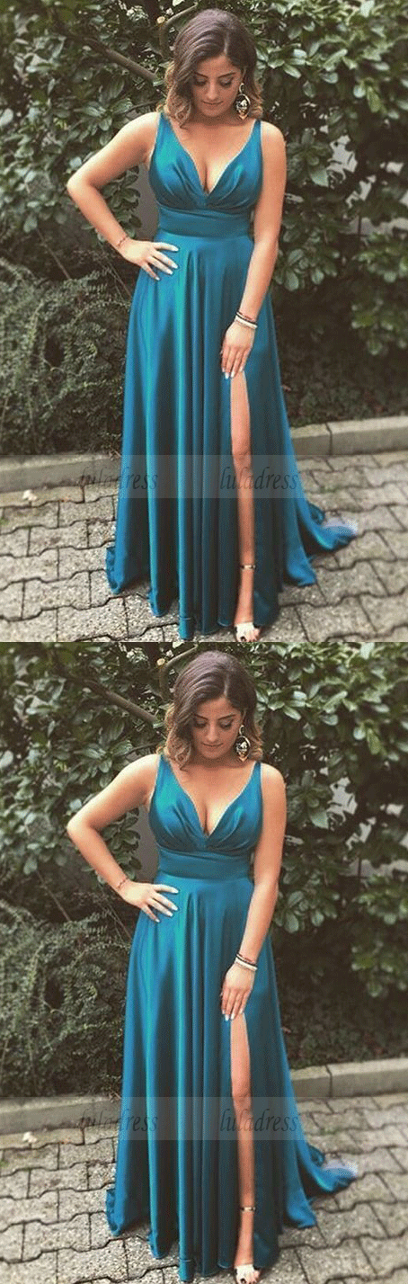 A-Line Spaghetti Straps Long Turquoise Prom Dress with Split