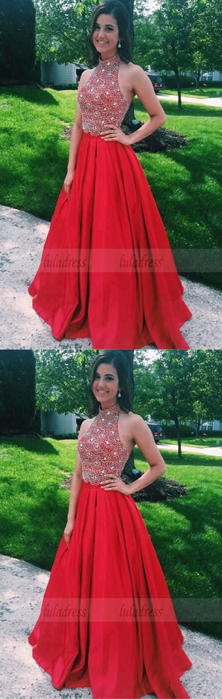 Charming A-Line Prom Dress,Halter Beading Prom Dress