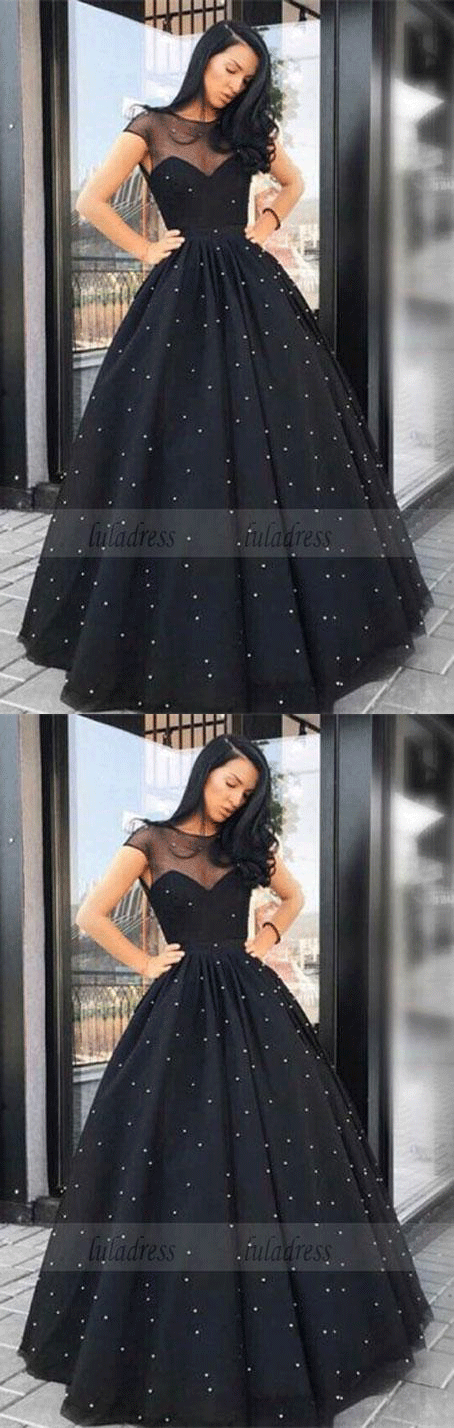 A-Line Round Neck Floor-Length Black Tulle Prom Dresses with Pearls