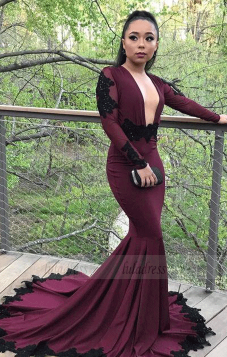 Evening Gown Burgundy Dress Teenager Mermaid Prom Dresses,Black Appliqued Long Sleeves Evening Dresses Luladress Evening Gown Burgundy Dress Teenager Mermaid Prom Dresses,Black Appliqued Long Sleeves Evening Dresses Luladress