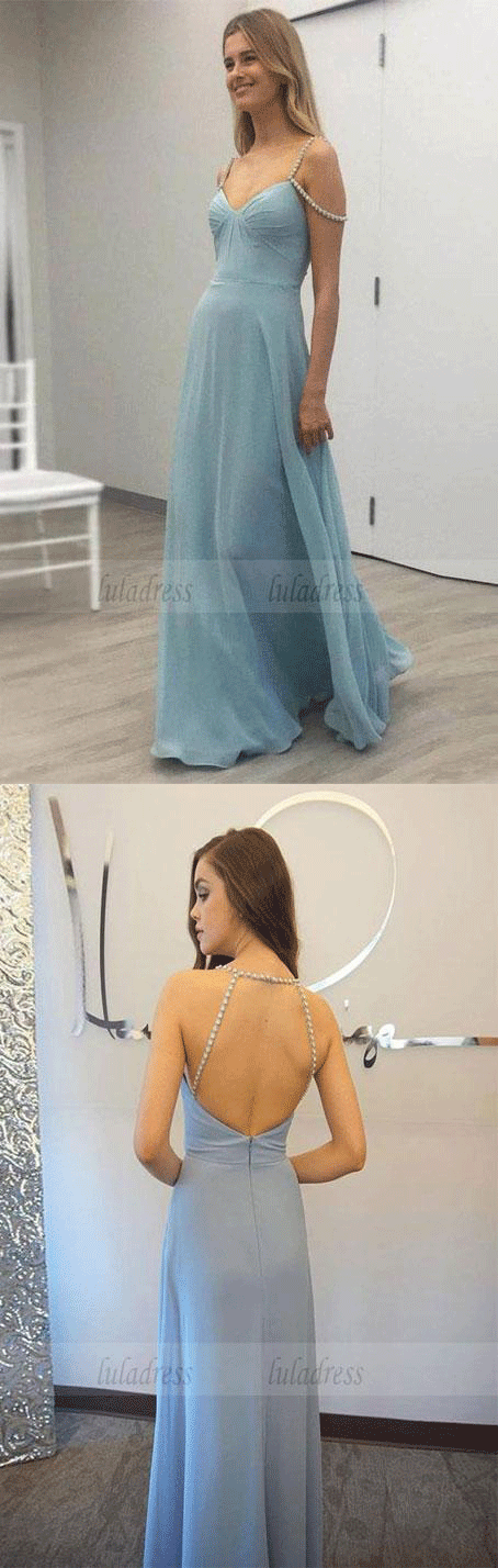 Simple Chiffon Spaghetti Straps Neckline Floor-length A-line Prom Dresses With Rhinestones