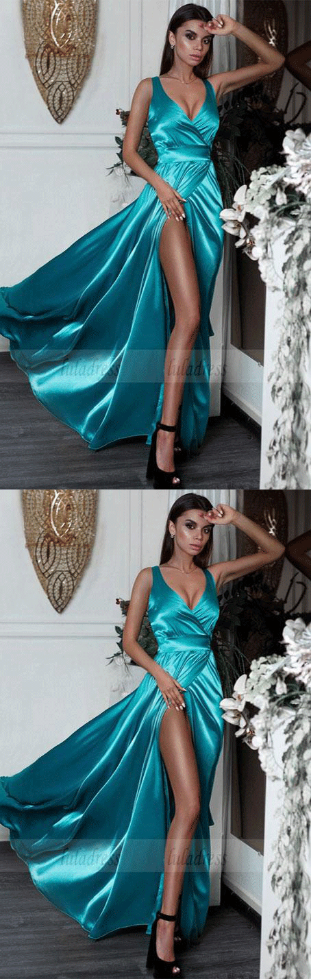 V-neck Neckline Sweep Train A-line Prom Dresses