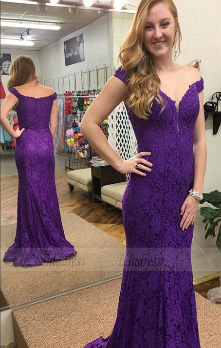 Charming Off the Shoulder Prom Dresses,Mermaid Purple Prom Dresses