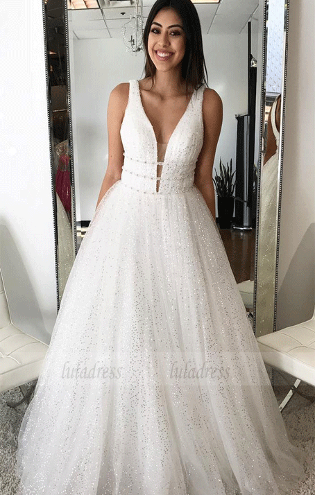 A-line Princess Deep V Neck Sleeveless Floor Length Prom Dresses