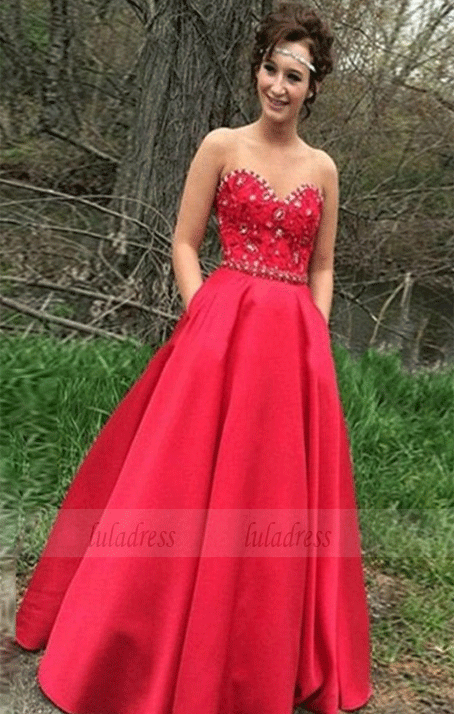 Satin Prom Dresses, Red A Line Prom Dress