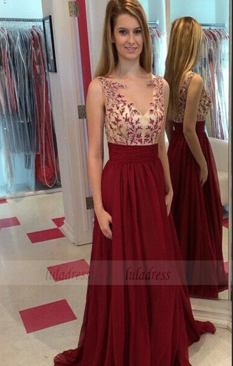 Boat Neckline Prom Dress with Appliques and Beading
