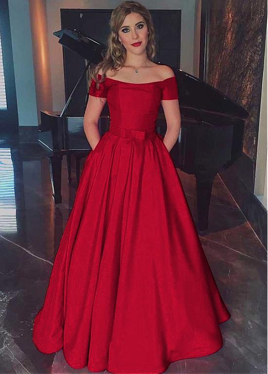 A Line Off Shoulder Red Satin Prom Dresses