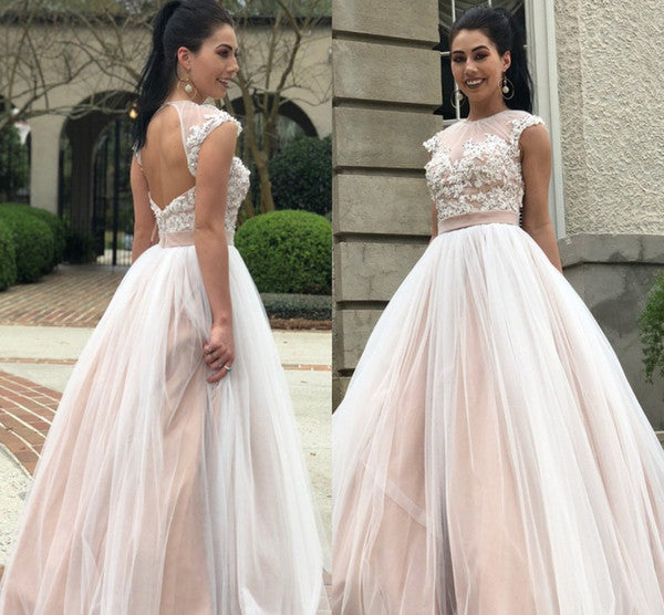 Applique Cap Sleeve Evening Dresses,Prom Dresses,Appliques Lace Long Dress