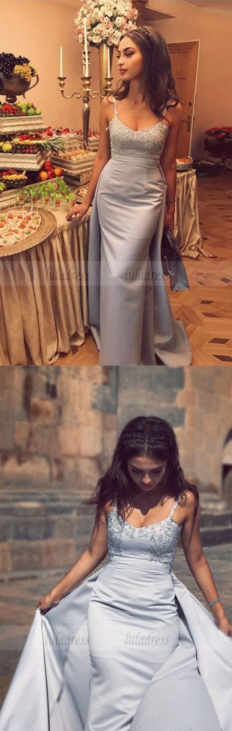 elegant spaghetti strap gray satin mermaid prom dress with lace appliques