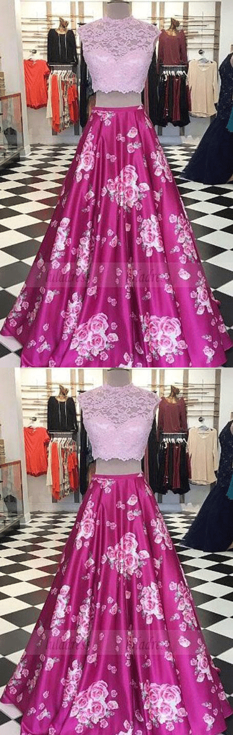 Modern Two Piece A-Line Prom Dress - Round Neck Sleeveless Floor-Length Lace Flora