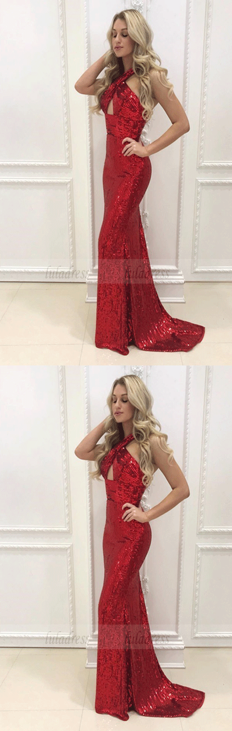 Mermaid Halter Sweep Train Red Sequined Prom Dress